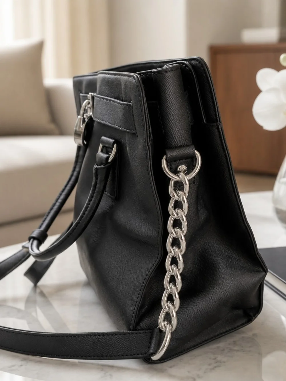 Michael Kors Hamilton Black Saffiano Leather Satchel with  Silver Hardware